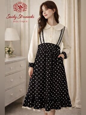 Vintage Style Polka Dot Midi Dress Lace Collar Black Cream Cottagecore Size M